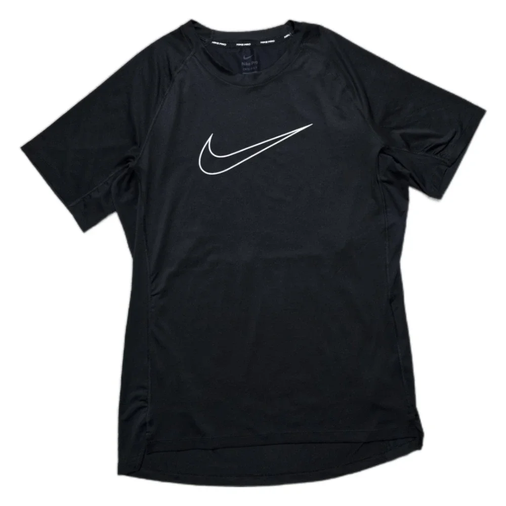 Nike Pro Mens L Short Sleeve Compression Shirt Slim Black Center Swoosh Dri Fit